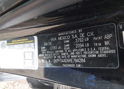 2024 Kia Forte Gt-Line z USA, uszkodzony, nr VIN 3KPF54AD6RE794284